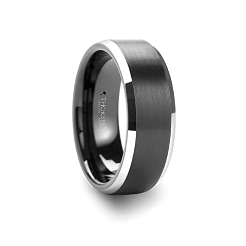 Roy Rose Jewelry Black Brushed Center Tungsten Polished Beveled Edges Unique Matching Couple Wedding Ring Set 4mm & 8mm Wide Style Name: ASTON (Set of Two Rings)2