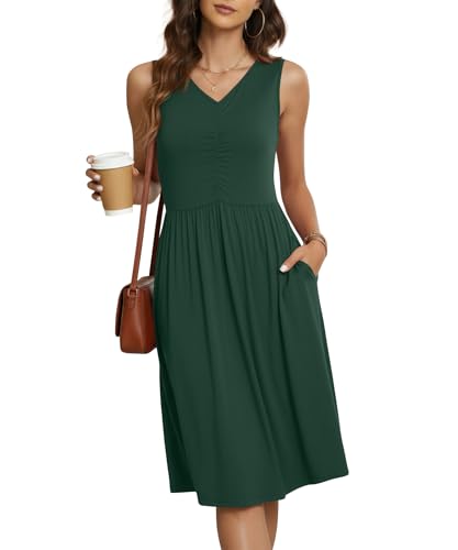 Image of NILOUFO Sleeveless Dress for Women Summer Knee Length Sundress with Pockets | Sundresses for Women Tank Empire Waist Sun Dress Cold Shoulder Casual V Neck Midi Dress Flowy Summer Dresses for Women