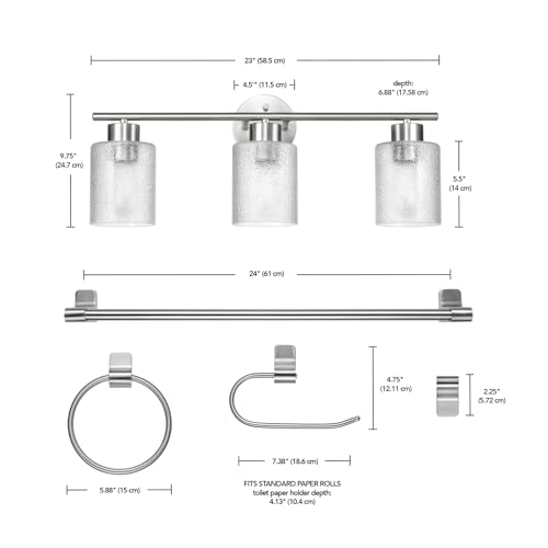Image of Globe Electric 5-Piece All-in-One Brushed Nickel Bathroom Accessory Set with 23 inch 3-Light Vanity Light and Clear Frosted Glass Shades