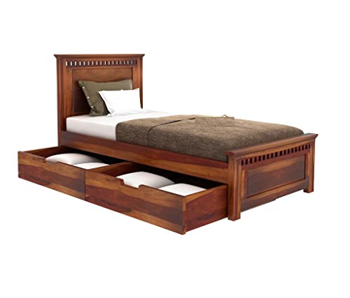 Image of Solid Sheesham Wood Single Size Bed with Drawer Storage | Single Size Cot Bed Wooden with Storage Headboard for Living Room, Bedroom | Teak Brown Finish