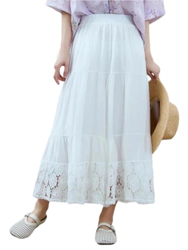 Women Lace Patchwork Midi Skirt Loose Daily Beach High Waist Slimming Cake A-Line Skirt2
