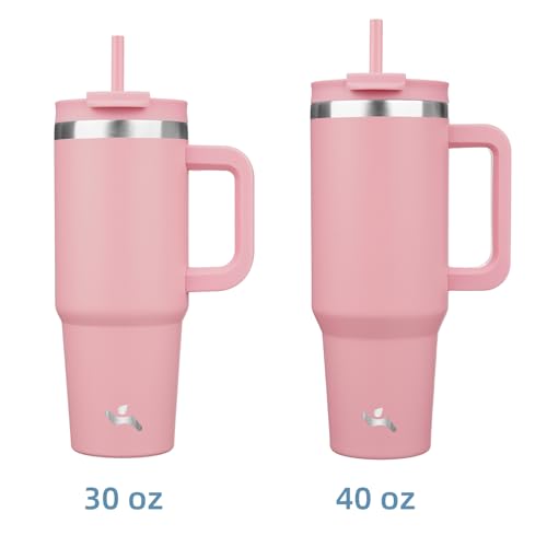 Image of Konokyo 40 oz Insulated Tumbler Water Bottle with Handle, Straw Lid | BPA-free and dishwasher safe; made for gym, travel, coffee and gifting, 2 straws, cup holder friendly,Pink