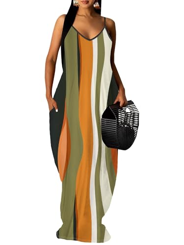 Image of Women's Summer Maxi Dress Spaghetti Strap Floral Boho Beach Long Sundress with Pockets