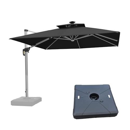 PURPLE LEAF 10 Feet Solar Powered LED Square Cantilever Umbrella With Base Patio Umbrella Windproof Hanging Umbrella Outdoor Umbrella Offset Umbrella, Black