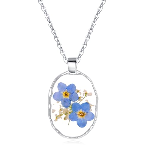 Collier de fleurs pressées à pendentif ovale Myosotis | Bijoux Myosotis | Cadeau de bijoux de fleurs séchées pour Plant Lady | Colliers faits à la main...