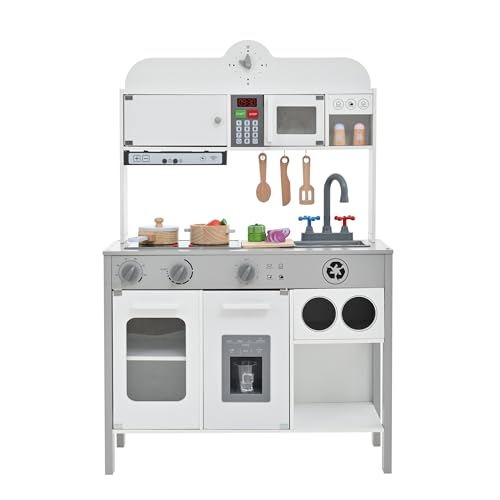 BTMおままごと キッチン 木製 台所 ライト付き 音が鳴る 製氷機 調理器具付き 調味料 食材 野菜 知育玩具 コンロ 電子レンジ 家事 おもちゃ キッズ ベビー 誕生日 プレゼント【ホワイト】