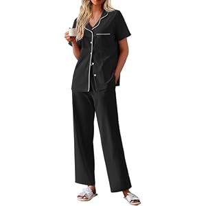 Ekouaer Women’s 100% Cotton Pajamas Set Short Sleeve Button Down Pjs 2 Piece Soft Sleepwear with Long Pants Lounge Set