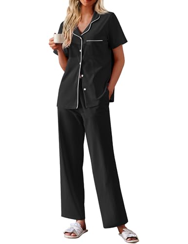 Image of Ekouaer Women's 100% Cotton Pajamas Set Short Sleeve Button Down Pjs 2 Piece Soft Sleepwear with Long Pants Lounge Set