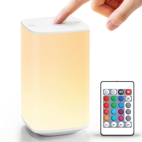Auxmir Lámparas de Mesita de Noche, Recargable por USB 4000mAh, Lámpara de Mesa LED, 256 Colores RGB, 4 Modos, Control Remoto y Táctil, Temporizador, Luz Nocturna para Niños, Dormitorio, Blanco
