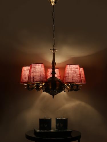 Image of Devansh 05 Lights Pink Jute conical Shade with Antique Golden Chandelier