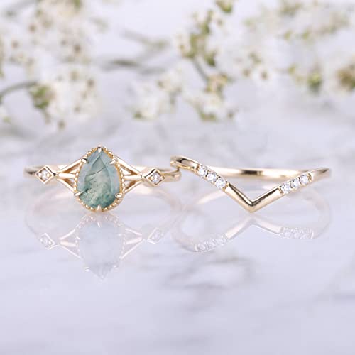 YDD 0.75CT Natural Pear Shaped Moss Agate & Moissanite Engagement Ring Set for Women 925 Sterling Silver 10k/14k/18k Rose White Gold Unique Vintage Green Moss Bridal Set 2pcs Wedding Anniversary4