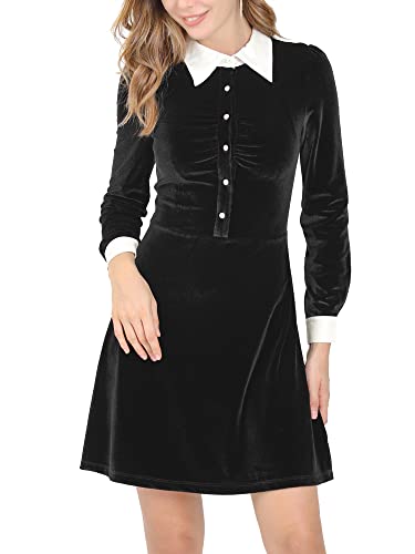 Allegra K Women's Halloween Velvet Long Sleeves Contrast Collar Casual Party A-Line Mini Dress