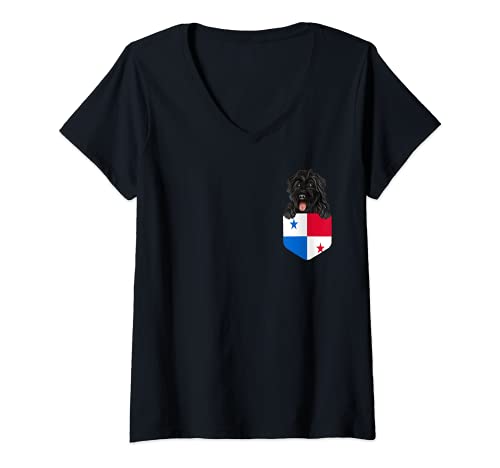 Womens Panama Flag Bouvier des Flandres Dog In Pocket V-Neck T-Shirt, Black