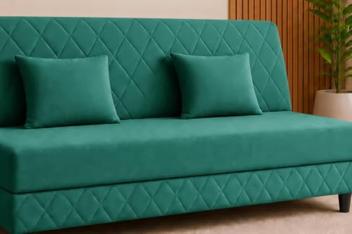 Image of Deco Studio 3 Seater Sofa Bed | Premium Upholstered Velvet Fabric Folding Couch for Living Room, Guest Room & Bedroom | Quilted Backrest with 2 Cushions (Green)