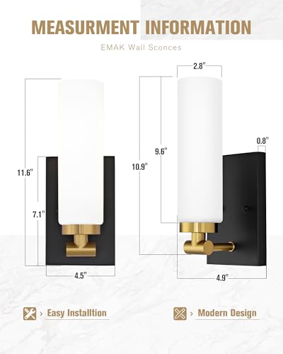 Image of Emak Bathroom Sconces Set of 2, Black and Gold Wall Sconce with Milk Glass Shade, Modern Farmhouse Bathroom Light Fixtures for Living Room, Bedroom, Gallery, WS086-BKBGD-ML-2PK