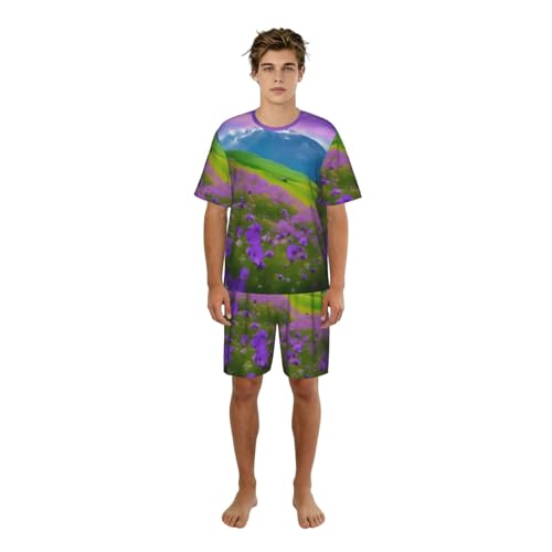 Pyjama homme motif paysage de montagne violet pour les week-ends paresseux