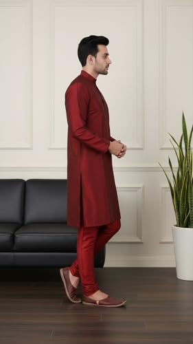 Image of Sadree Men's Silk Blend Mandrin Collor Full Sleeve Knee Length Indian Kurta Chudidar Pyjama Set