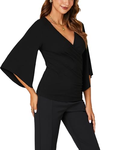 KIFOVEN Women’s 3/4 Bell Sleeve Tee Shirt Deep V Neck Wrap Ruched Slim Fit T Shirt Blouse Top4