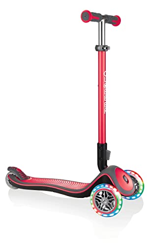 Globber - Elite Deluxe Lights - Patinete de 3 Ruedas Plegable e Iluminado para niños de 3 a 9 años +, Rojo
