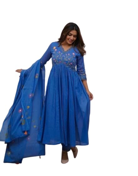 Women Printed long Anarkali Embrodiery Kurta and Pant Set with Printed Dupatta