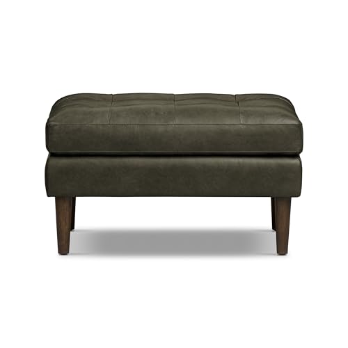Image of Poly & BARK Napa Ottoman - Full-Grain Leather Upholstered Ottoman with Feather-Down Topper - Couch for Living Room - Vintage Italian Leather in Olivine Green