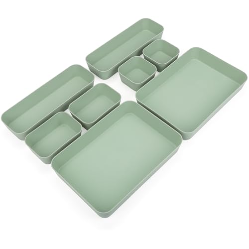 Belle Vous Set 8 Piezas Cestas Organizadoras de Cajones - Bandejas Organizadoras Verde - Cajitas para Separar Cajones en Baño, Oficina, Dormitorio o Cocina - Cajas para Maquillaje, Joyas y Utensilios