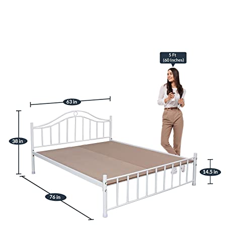Image of Globally Indian Signature Designs Metal Queen Size Bed | Modern Bed with Sturdy Frame & Easy DIY Assembly | Ideal for Bedroom Use 5 x 6 Ft | White Metal with MDF Support