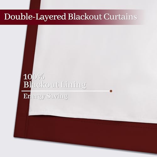 Yakamok Room Darkening 100% Blackout Curtains Grommet Window Treatments with 2 Thick Layers-Burgundy Red Thermal Insulated Drapes Set of 2 Panels for Bedroom Living Room 52 Inches by 84 Inches Length