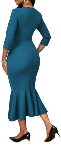 Image of Elegant Dress for Women Sexy V Neck Long Sleeve Bodycon Midi Fishtail Dresses