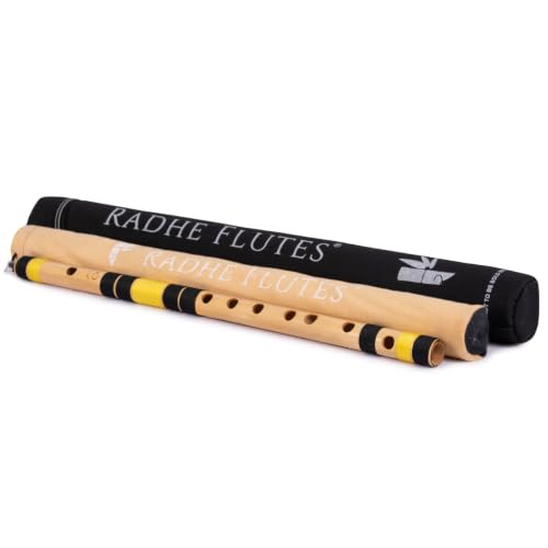 Image of Radhe Flutes Bamboo Bansuri C Sharp Right Handed Middle Octave (18 inch) With Hard Cover (Beige Flute With Black & Yellow Threads)
