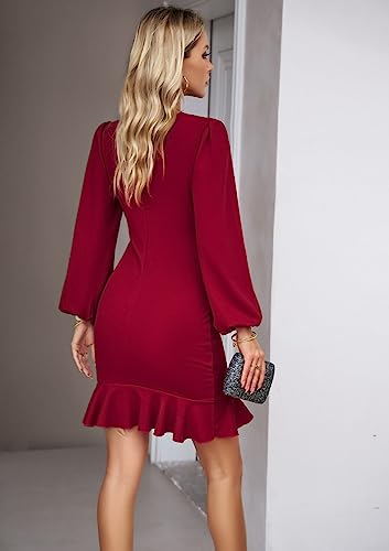 Image of Spicy Sandia Women Ruched Bodycon Cocktail Formal Mini Dress Elegant Ruffled Lantern Sleeve Business Work Banquet Tulip Dress