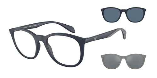 Emporio Armani Men's EA4211F Low Bridge Fit Prescription Eyewear Frames with Two Interchangeable Sun Clip-Ons Round, Matte Blue/Clear, 53 mm