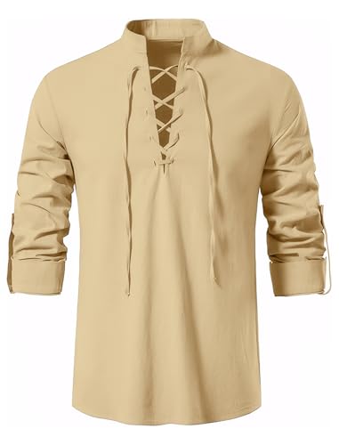 Enlision Camisas de Lino y algodón para Hombre Camisas de Disfraz Medieval Vintage con Cordones Manga Larga Camisa clásica Escocesa jacobita Ghillie Beige M