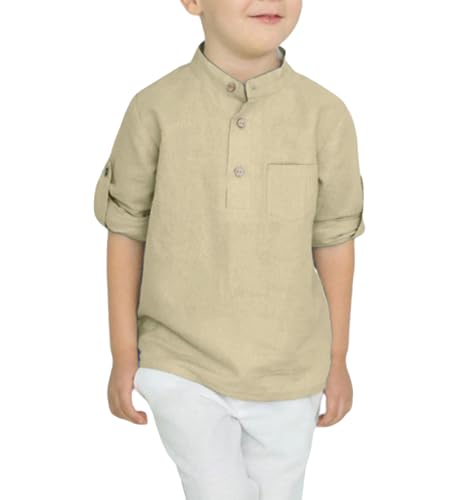 Image of Arshiner Boys Cotton Linen Henley Shirt Button Down Shirt Long Sleeve T Shirt Beach Shirt Tee Casual Solid Tops