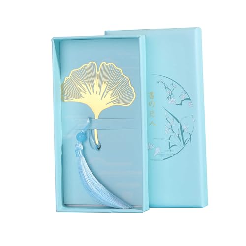 しおり ブックマーカー 栞 金属シリーズ 可愛い フリンジ ゴールド中空 葉っぱ 本好きさん 読書 勉強 本 ブックマーク プレゼント 贈り物 文房具 事務用品 ギフト ボックス付き 教師 子供 学生 日用品雑貨 (銀杏ブルー+ギフトボックス)