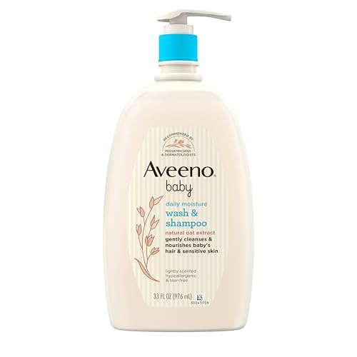 Aveeno Baby Daily Moisture Gentle Baby Body Wash and Shampoo with Oat Extract, 2-in-1 Baby Wash & Hair Shampoo, Tear-Free, pH Balanced for Sensitive Skin & Hair, Lightly Scented, Value Size 33 Fl Oz