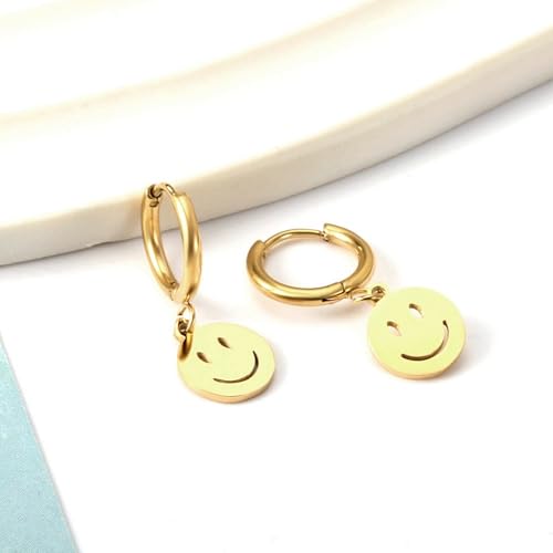 Image of 18K Gold Plated Smiley Face Hoop Earrings for Girls Kids | Fun Charm Earrings | Hypoallergenic | Pack of 2