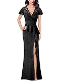 VFSHOW Womens Floral Lace Formal Prom Ruched Wrap V Neck Ruffle Peplum Maxi Dress 2024 Sexy High Slit Wedding Guest Mother of Bride Cocktail Evening Long Gown (Back, X-Small) 10989 BLK XS