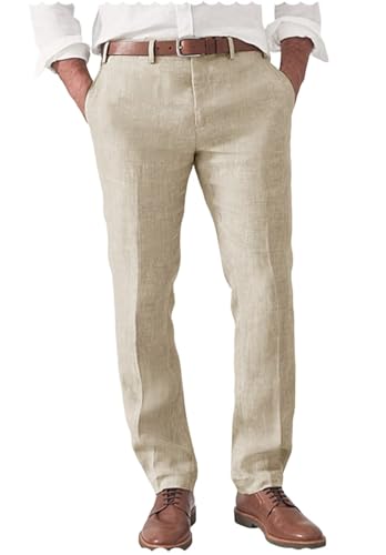 Men's Slim Fit Linen Blend Dress Pants Casual Lightweight Summer Beach Trousers