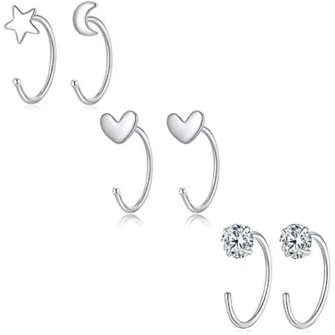 3 pairs Half Hoop Earrings Sterling Silver Hoop Earrings Small Hoop Earrings Open Hoop Earrings Cuff Huggie Hoops Cartilage Piercing Earrings for Women Men Cover