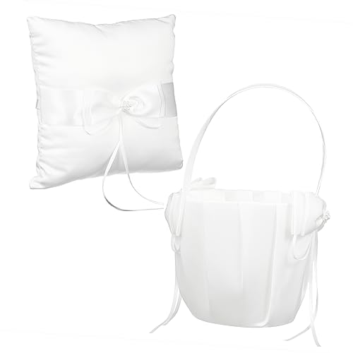 Cabilock 2pcs Wedding Flower Girl Basket and Bowknot Pillow Set Quality Material for Easy Carrying Beautiful Wedding Decoration Compact for Special Occasions Sign of and Love