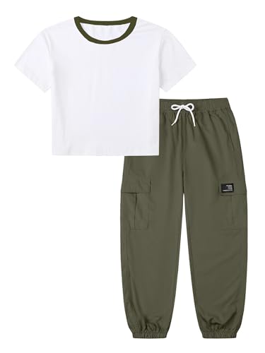 Image of Betusline Girls 2 Piece Summer Outfits,Kids Casual Short Sleeve Crop Top & Cargo Jogger Pants Sets,4T-14Y