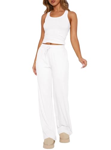 BONITEE Womens Loungewear Set 2 Piece Pajama Sets Summer Sleeveless Crop Tank Tops Wide Leg Pants Lounge Outfits