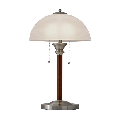 Adesso Table Lamp with Dual Pull Chains, Walnut Rubberwood Finish, Frosted Glass Shade – Bedside Table, Home Office Lighting, or Living Room Decor, 22.5” x 13.5”