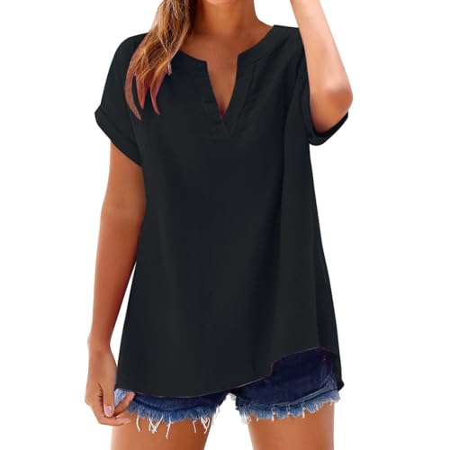Blusa de lino de muselina para mujer 2025 camiseta de verano de algodón y lino con manga de manga corta con botón de cuello en V túnica tops moda casual camisetas de moda blusa de verano blusas, #1