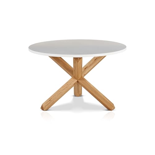 KHG Esstisch Rund 120 cm Durchmesser Weiß - Massives Eichen-Gestell, Tischplatte aus Holzwerkstoff matt Weiß lackiert, bis 90 kg belastbar - Küchentisch im Skandi Look