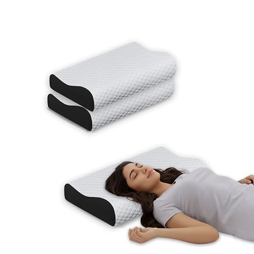 Image of Neck and Shoulder Support Pillow Set of 2, Memory Foam Cervical Cushion for Sleeping, Ergonomic Contour Design for Side Back Sleepers, Breathable Cover, Black, 48 x 30 cm, Home Use