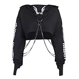 Photo Gallery yingwin felpa da donna con cappuccio a maniche lunghe con stampa riflettente gotica casual top punk corto con catena, 1-nero., m Photo Gallery yingwin felpa da donna con cappuccio a maniche lunghe con stampa riflettente gotica casual top punk corto con catena, 1-nero., m