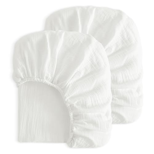 Image of NTBAY 2 Pack Muslin Cotton Crib Sheets, Soft and Breathable Double Layer 28x52 Baby Crib Sheets for Standard Crib and Toddler Mattresses, Boys, Girls, Unisex, White, 28x52 Inches