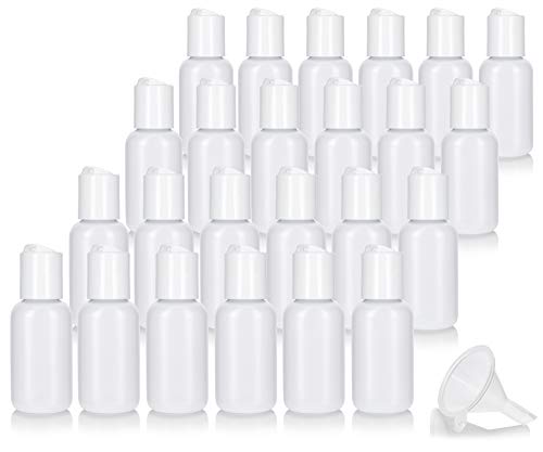 JUVITUS 1 oz/ 30 ml Clear Natural Squeeze LDPE Plastic Bottle with White Disc Cap (24 pack) + Funnel